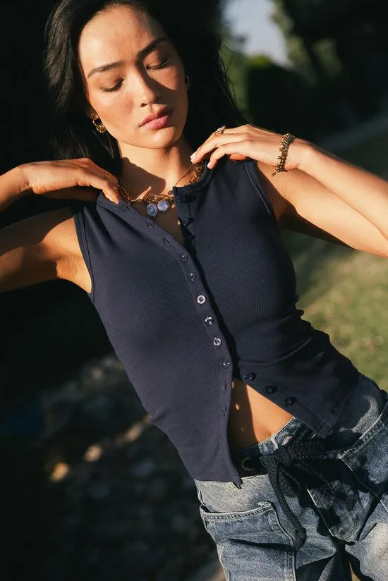 Bohme Lucas Button Up Tank Top In Navy Navy Women Tees and Tanks