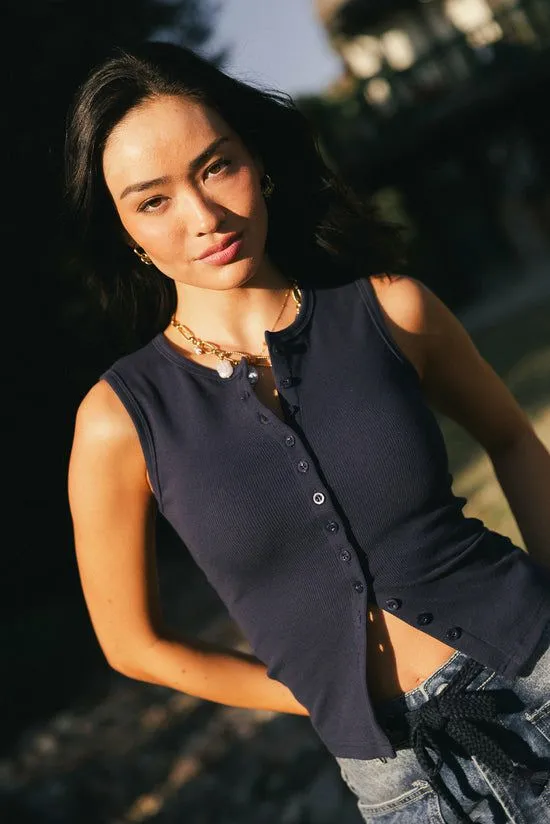 Bohme Lucas Button Up Tank Top In Navy Navy Women Tees and Tanks