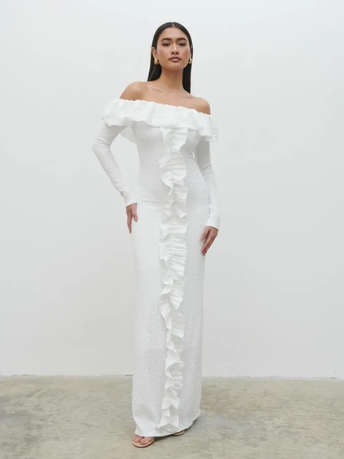 Pretty Lavish Dresses Hope Bardot Ruffle Jersey Maxi Dress Cream 8211 Women