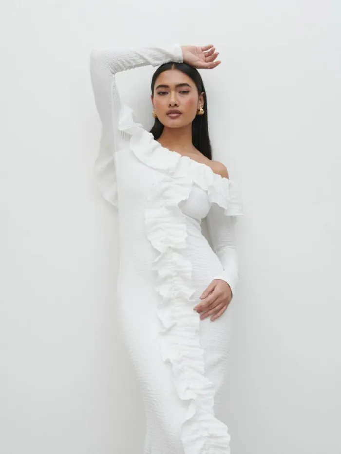 Pretty Lavish Dresses Hope Bardot Ruffle Jersey Maxi Dress Cream 8211 Women