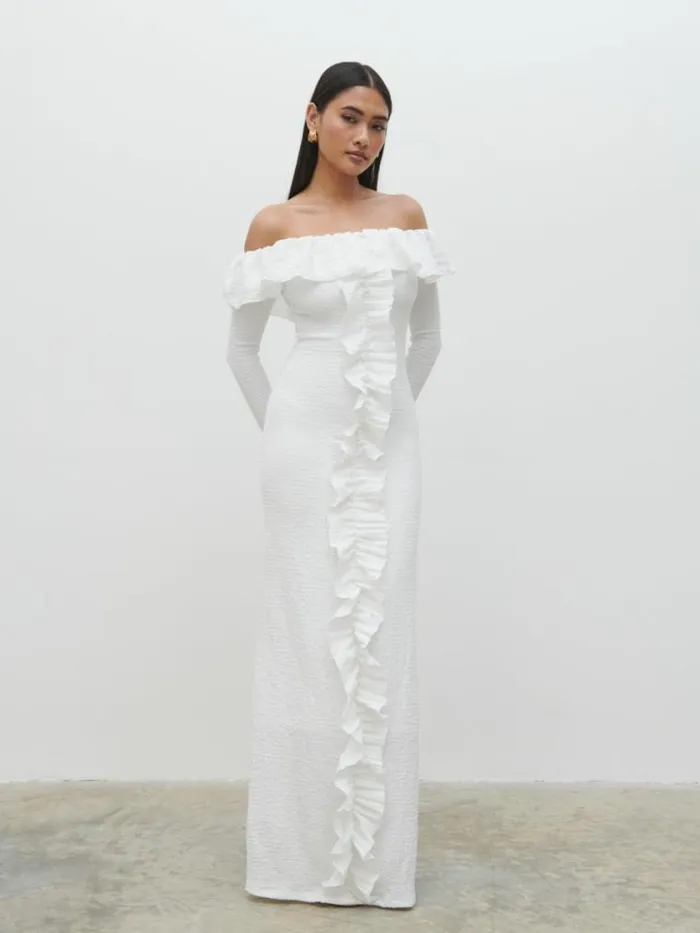 Pretty Lavish Dresses Hope Bardot Ruffle Jersey Maxi Dress Cream 8211 Women