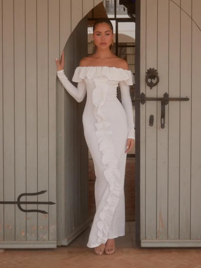 Pretty Lavish Dresses Hope Bardot Ruffle Jersey Maxi Dress Cream 8211 Women