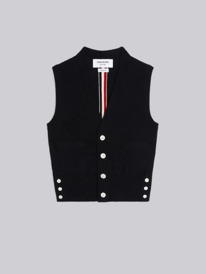 Sustainable Fine Merino Wool Stripe Back Vneck Cardigan Vest Navy GirlsBoys Thom Browne Knitwear