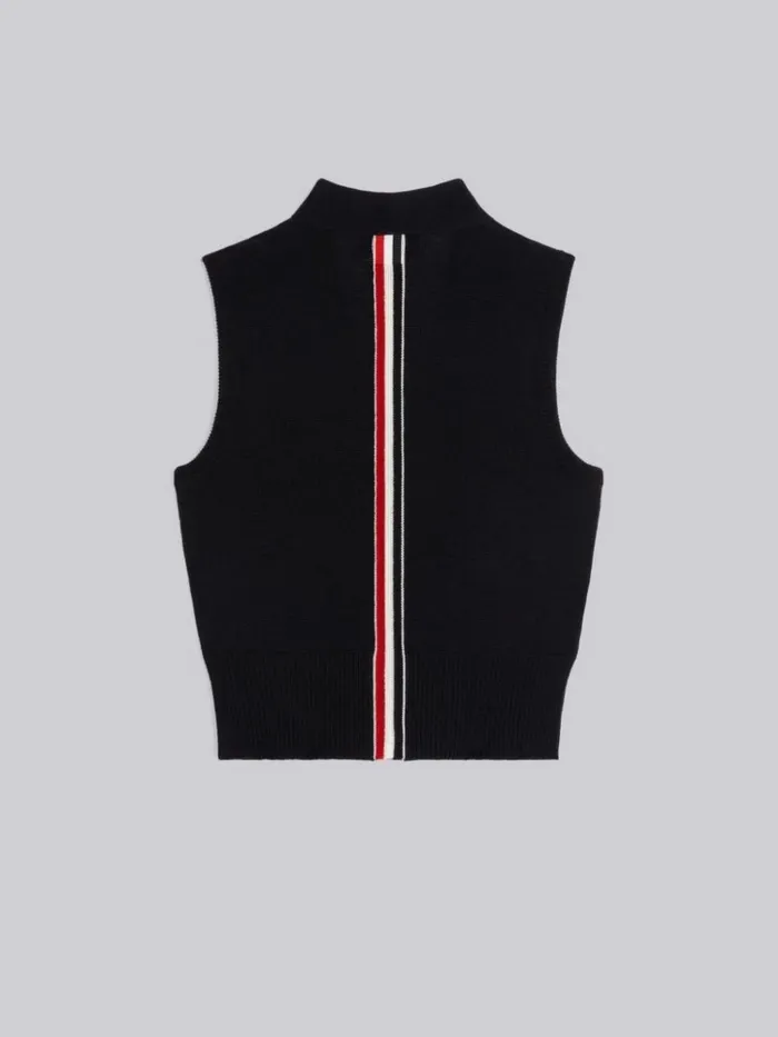Sustainable Fine Merino Wool Stripe Back Vneck Cardigan Vest Navy GirlsBoys Thom Browne Knitwear