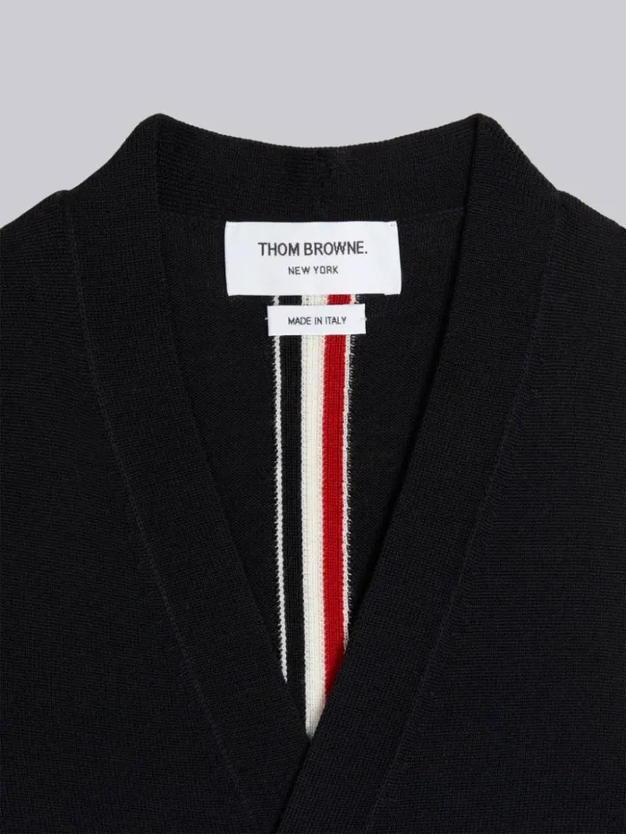 Sustainable Fine Merino Wool Stripe Back Vneck Cardigan Vest Navy GirlsBoys Thom Browne Knitwear