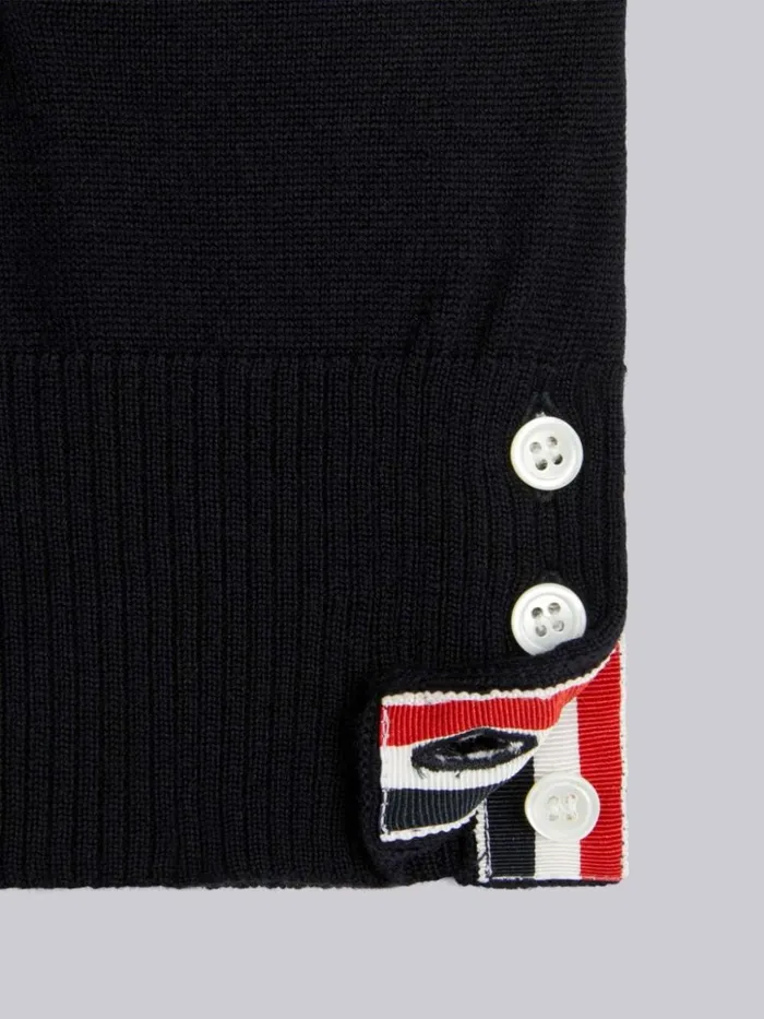 Sustainable Fine Merino Wool Stripe Back Vneck Cardigan Vest Navy GirlsBoys Thom Browne Knitwear