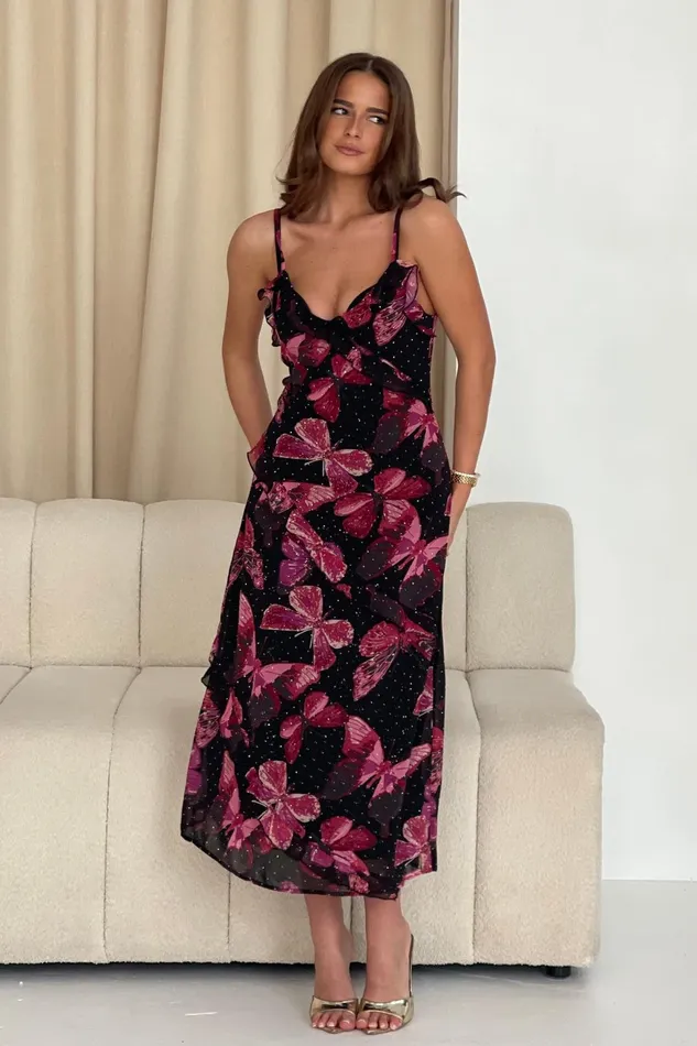 Ainsley Frill Detail Diamond Butterfly Print Midi Dress Black Women Girl In Mind Midi Dresses