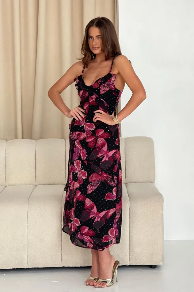 Ainsley Frill Detail Diamond Butterfly Print Midi Dress Black Women Girl In Mind Midi Dresses