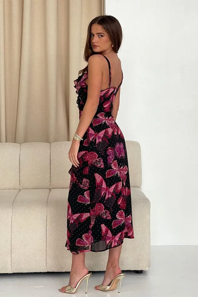 Ainsley Frill Detail Diamond Butterfly Print Midi Dress Black Women Girl In Mind Midi Dresses