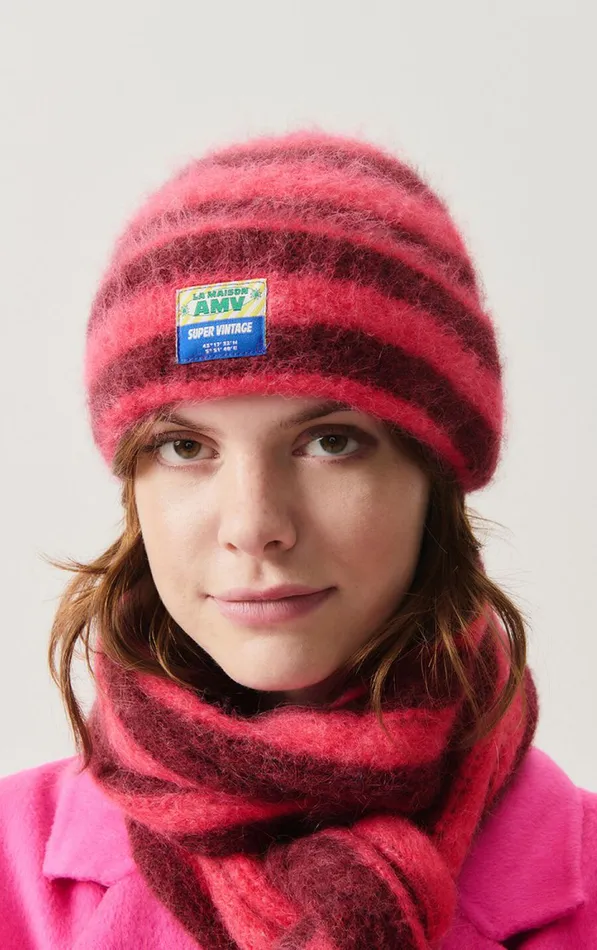 American Vintage Beanies and Caps WomenMen Beanie Bymi Burgundy And Hortensia Striped