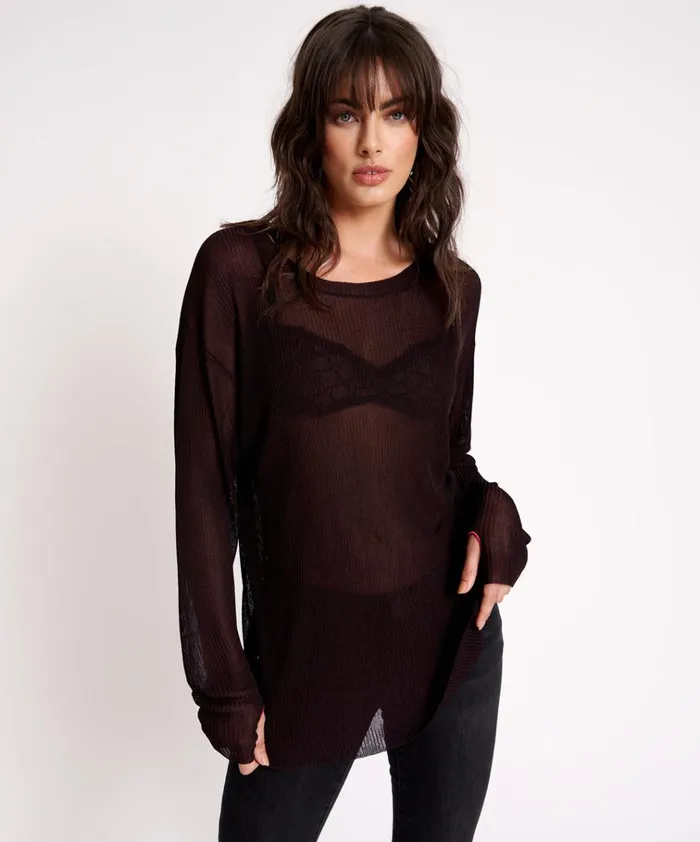 AMITY SHEER RIB KNIT TOP BLACK Women One Teaspoon Tops