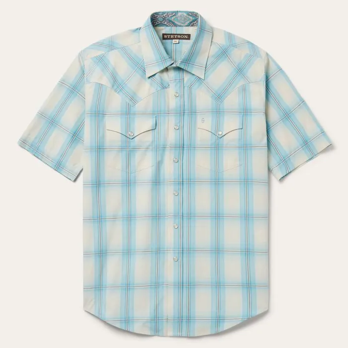 Aqua Ombre Plaid Short Sleeve Western Shirt Blue Men Stetson Western Shirts