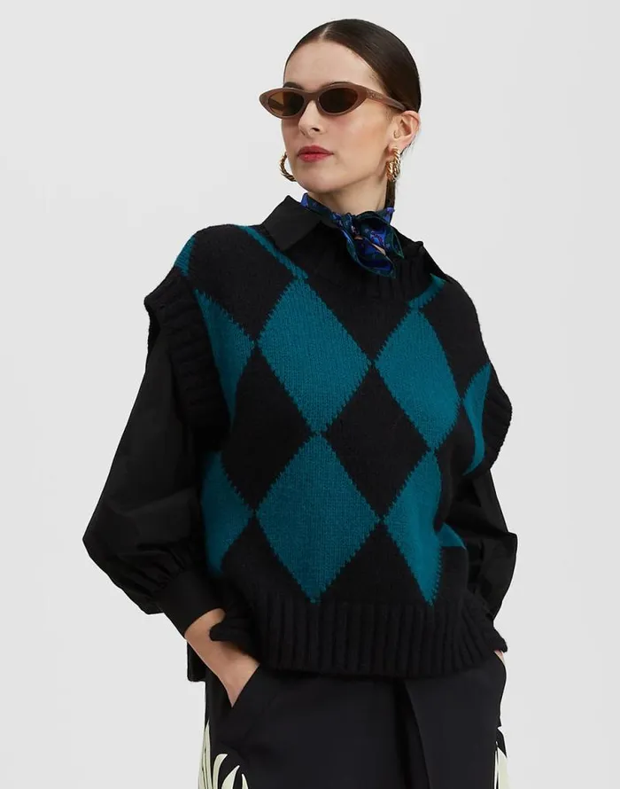 Argyle Gilet Black Green Women La Double J Knitwear