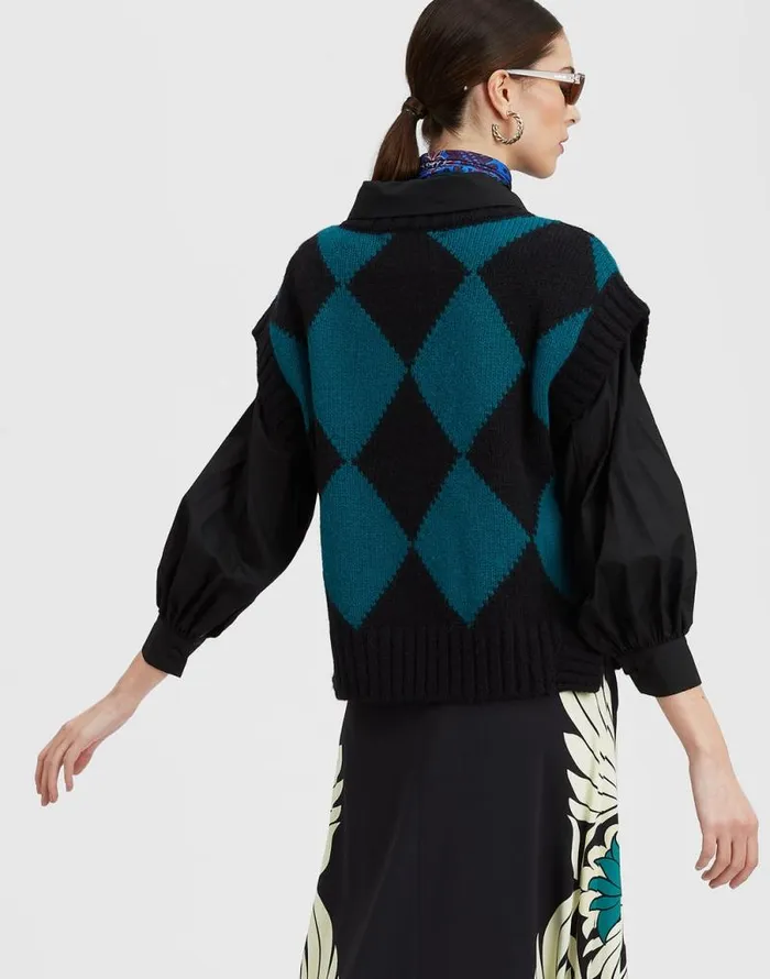 Argyle Gilet Black Green Women La Double J Knitwear Argyle Gilet Black Green Women La Double J Knitwear