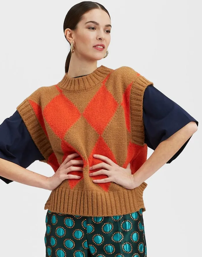 Argyle Gilet Camel Orange Women La Double J Knitwear