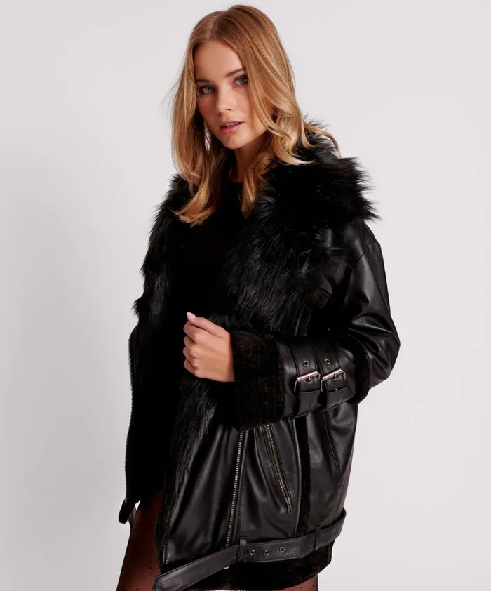 BLACK LEATHER FAUX FUR AVIATOR JACKET Women One Teaspoon Jackets