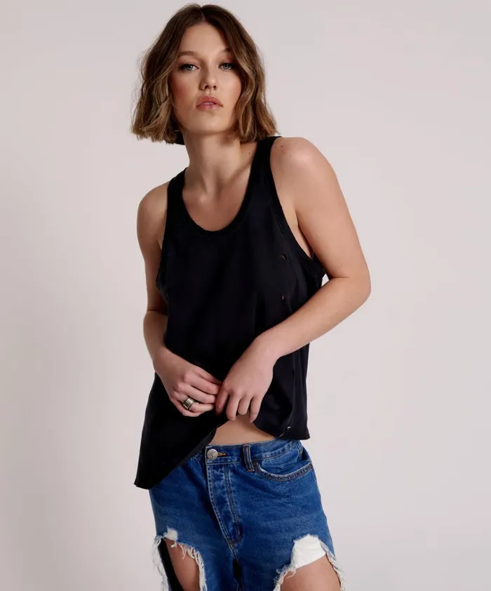BLACK STONE RIBBED DISTRESSED DADDIO SINGLET Women One Teaspoon Tees and Tanks