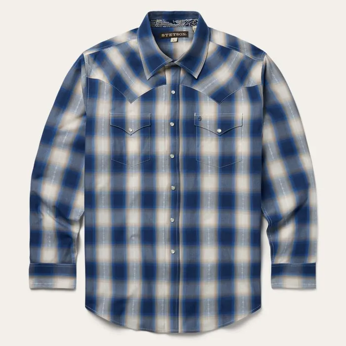 Blue Ombre Plaid Western Shirt Blue Men Stetson Classic Cut