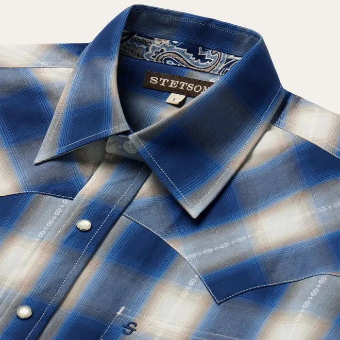 Blue Ombre Plaid Western Shirt Blue Men Stetson Classic Cut