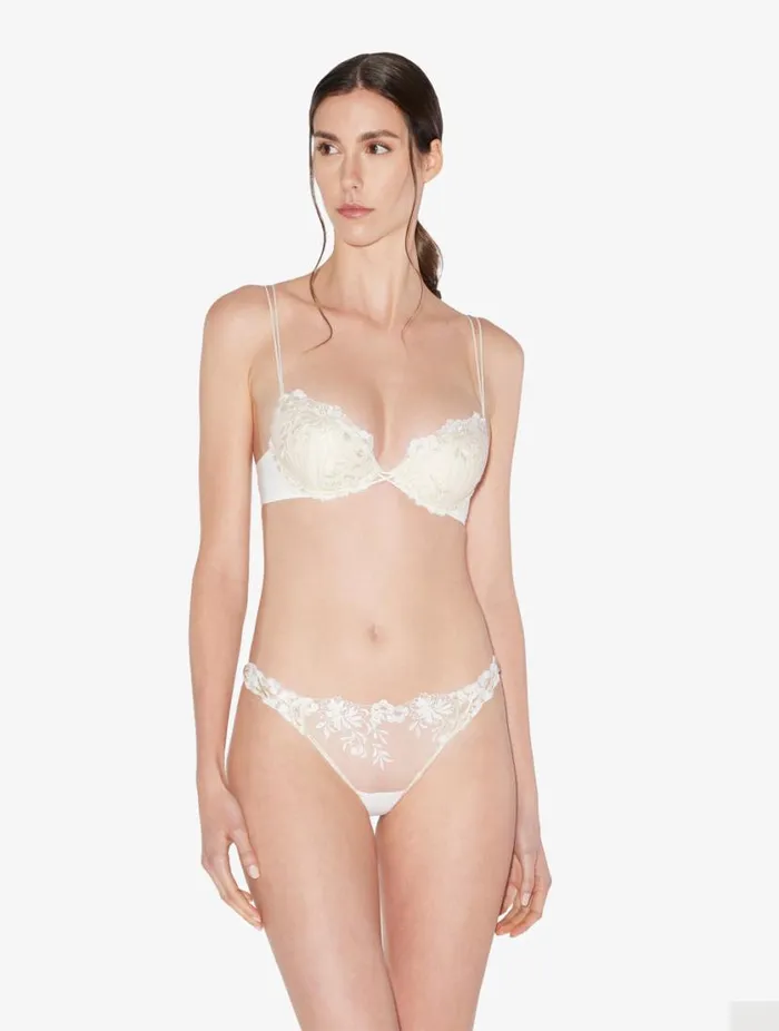 Brazilian Brief In Offwhite Lycra With Embroidered Tulle Lingerie La Perla Brazilian