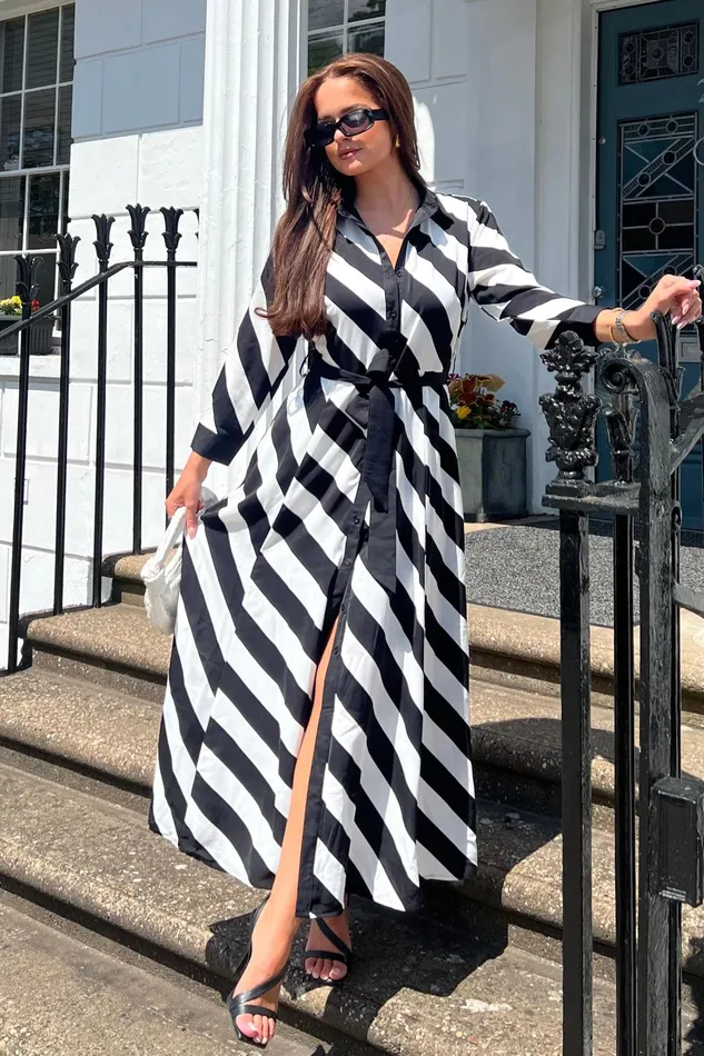 Brielle Black White Stripe Shirt Maxi Dress Women Girl In Mind Shirt Dresses