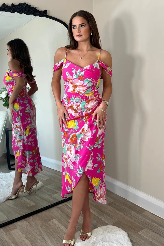 Camila Pink Floral Wrap Over Midi Dress Women Girl In Mind Wrap Dresses