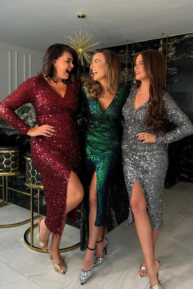 Celia Silver Sequin Wrap Midi Dress Women Girl In Mind Sequin Dresses