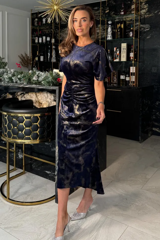 Cleo Navy And Gold Ruched Detail Midi Dress In Velvet Women Girl In Mind Bodycon Dresses