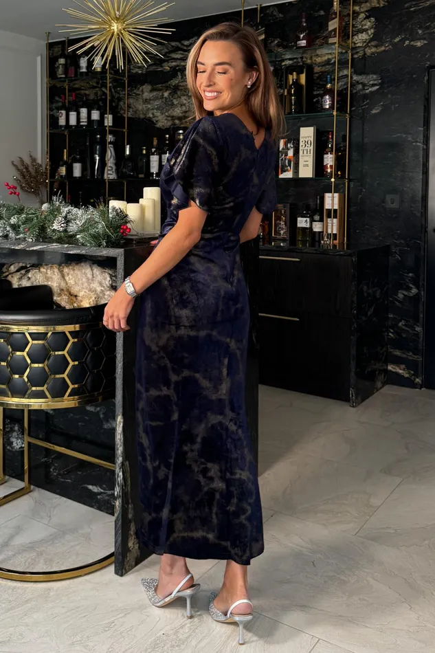 Cleo Navy And Gold Ruched Detail Midi Dress In Velvet Women Girl In Mind Bodycon Dresses