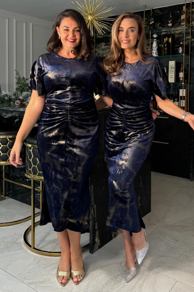Cleo Navy And Gold Ruched Detail Midi Dress In Velvet Women Girl In Mind Bodycon Dresses