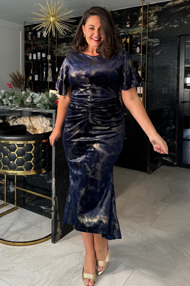 Cleo Navy And Gold Ruched Detail Midi Dress In Velvet Women Girl In Mind Bodycon Dresses