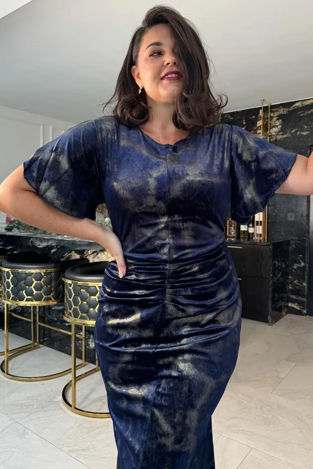 Cleo Navy And Gold Ruched Detail Midi Dress In Velvet Women Girl In Mind Bodycon Dresses