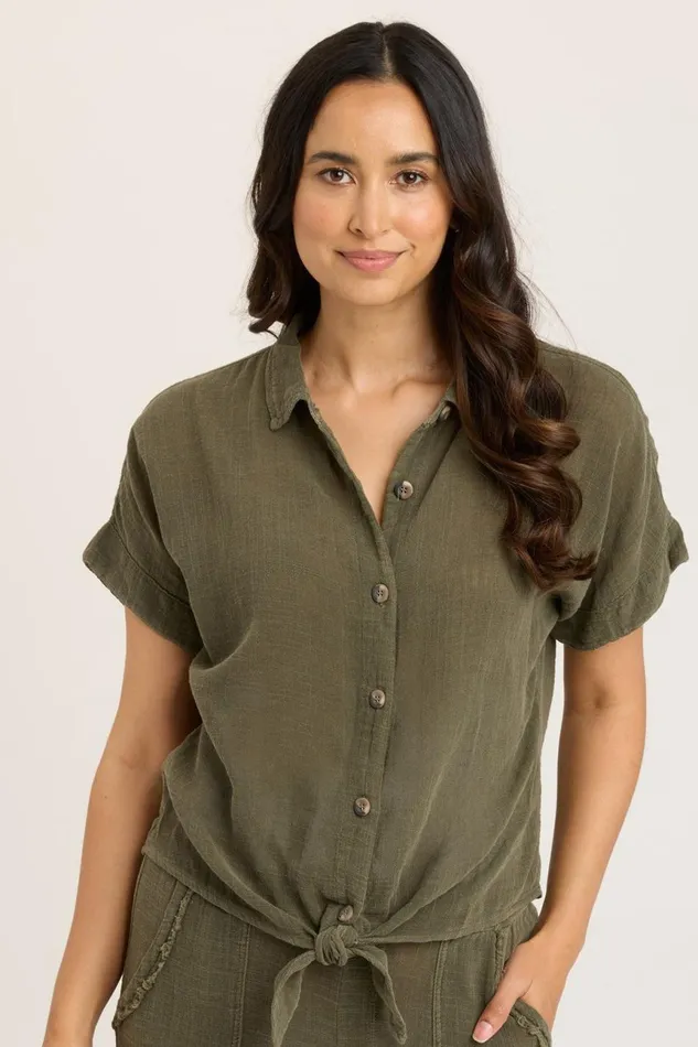 Clothing ShirtsBlouses XCVI Gauze Teagan Tie Top Kombu Pigment