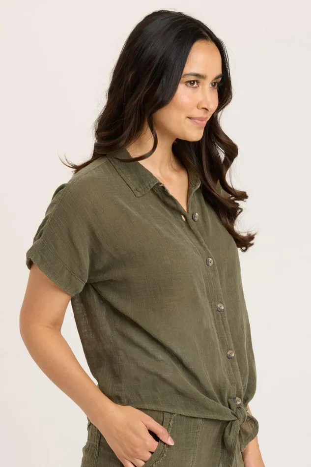 Clothing ShirtsBlouses XCVI Gauze Teagan Tie Top Kombu Pigment