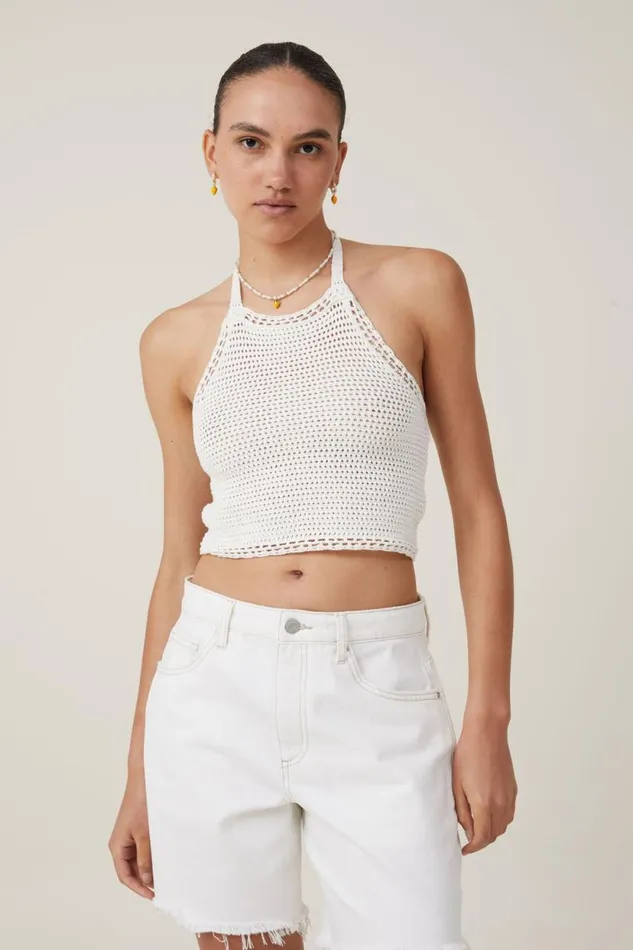 Crochet Scallop Halter Knit Ecru Women Cotton On Sweaters and Cardigans