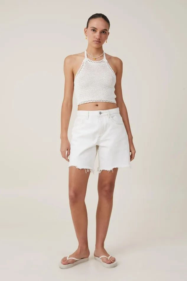Crochet Scallop Halter Knit Ecru Women Cotton On Sweaters and Cardigans
