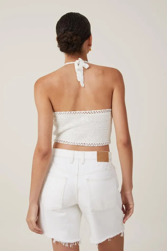 Crochet Scallop Halter Knit Ecru Women Cotton On Sweaters and Cardigans