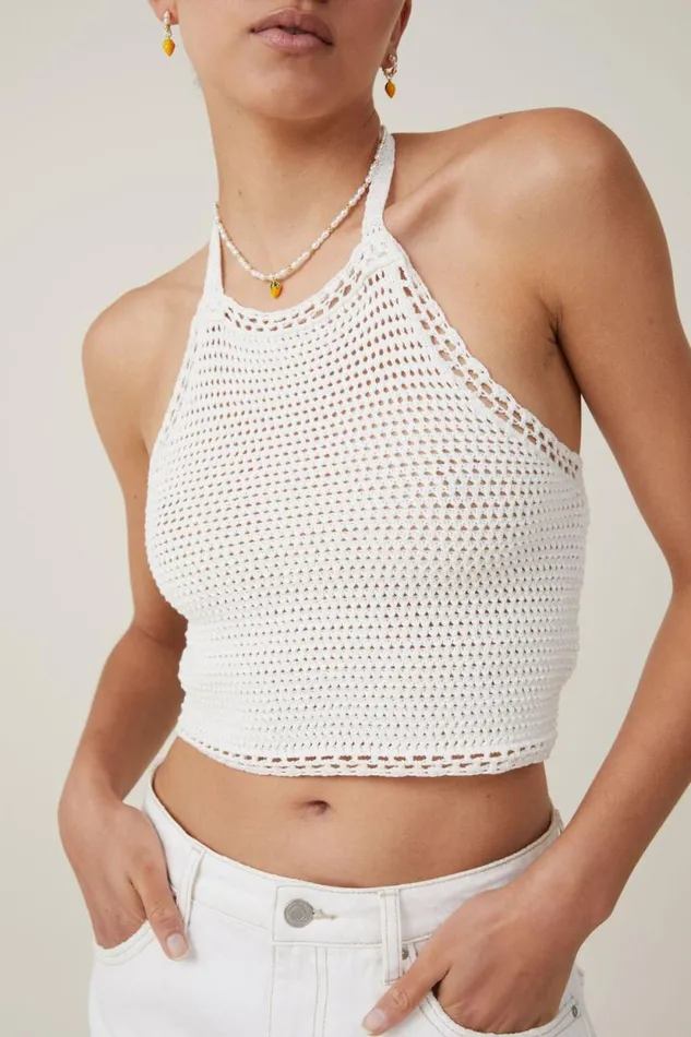 Crochet Scallop Halter Knit Ecru Women Cotton On Sweaters and Cardigans