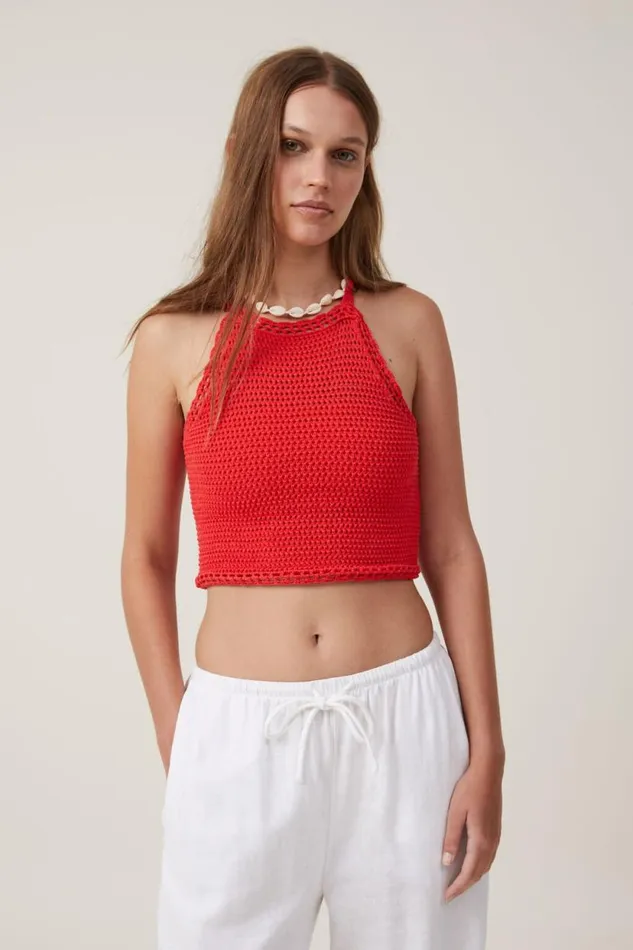 Crochet Scallop Halter Knit Racer Red Women Cotton On Sweaters and Cardigans