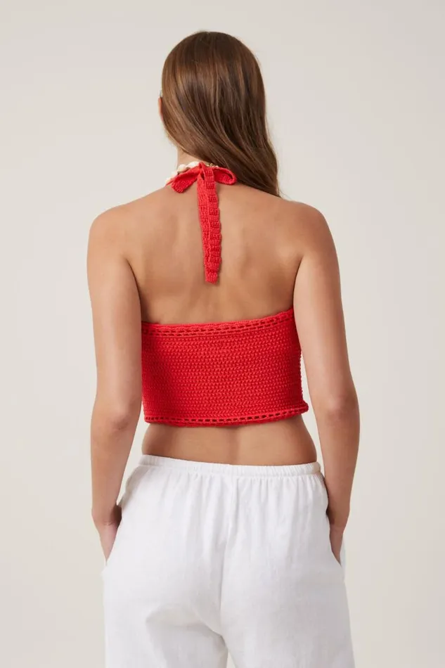 Crochet Scallop Halter Knit Racer Red Women Cotton On Sweaters and Cardigans Crochet Scallop Halter Knit Racer Red Women Cotton On Sweaters and Cardigans