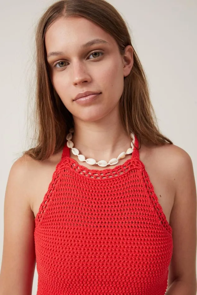 Crochet Scallop Halter Knit Racer Red Women Cotton On Sweaters and Cardigans Crochet Scallop Halter Knit Racer Red Women Cotton On Sweaters and Cardigans