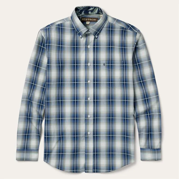 Crystal Plaid Button Down Shirt Blue Men Stetson Western Shirts