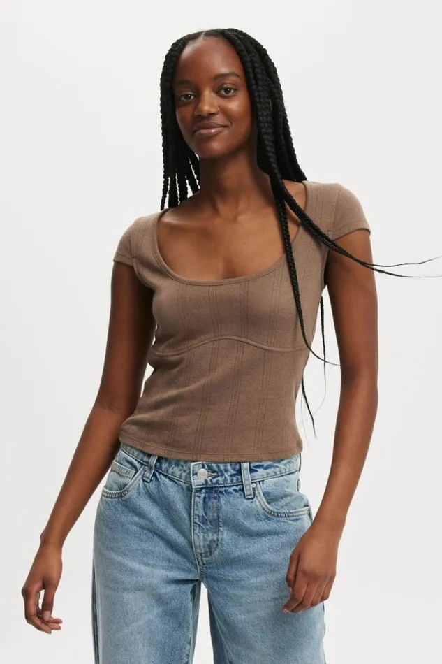 Darcie Scoop Neck Short Sleeve Top Mink Brown Women Cotton On Tops