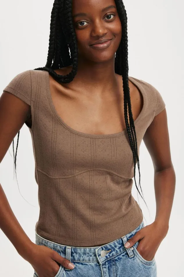 Darcie Scoop Neck Short Sleeve Top Mink Brown Women Cotton On Tops