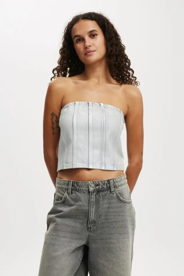 Denim Tube Top Metallic Ash Grey Women Cotton On Tops
