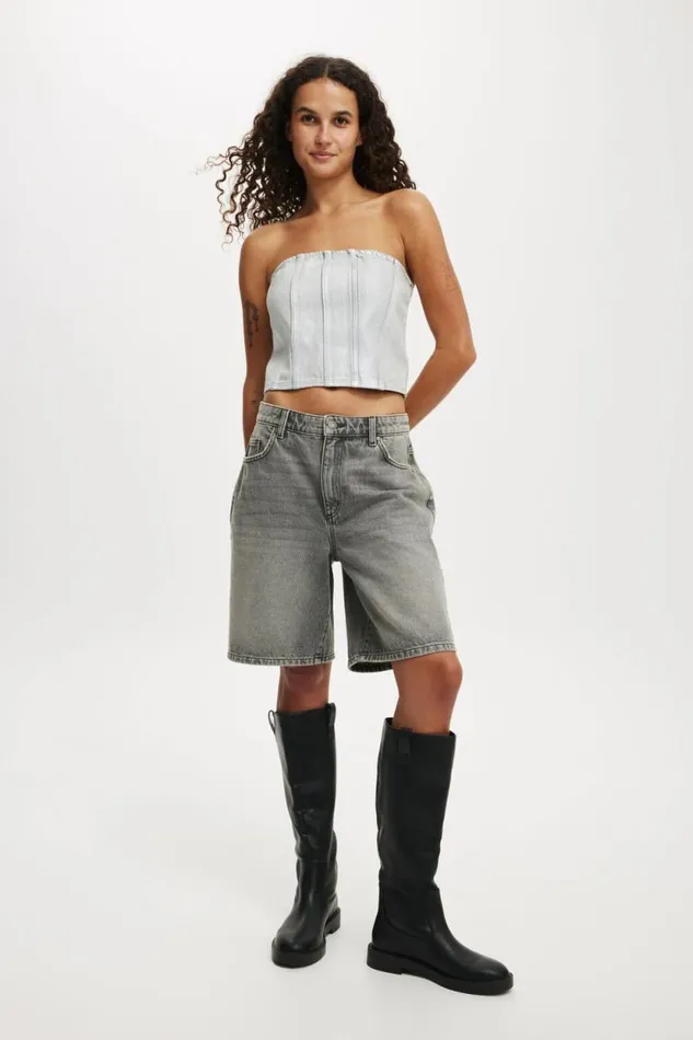 Denim Tube Top Metallic Ash Grey Women Cotton On Tops