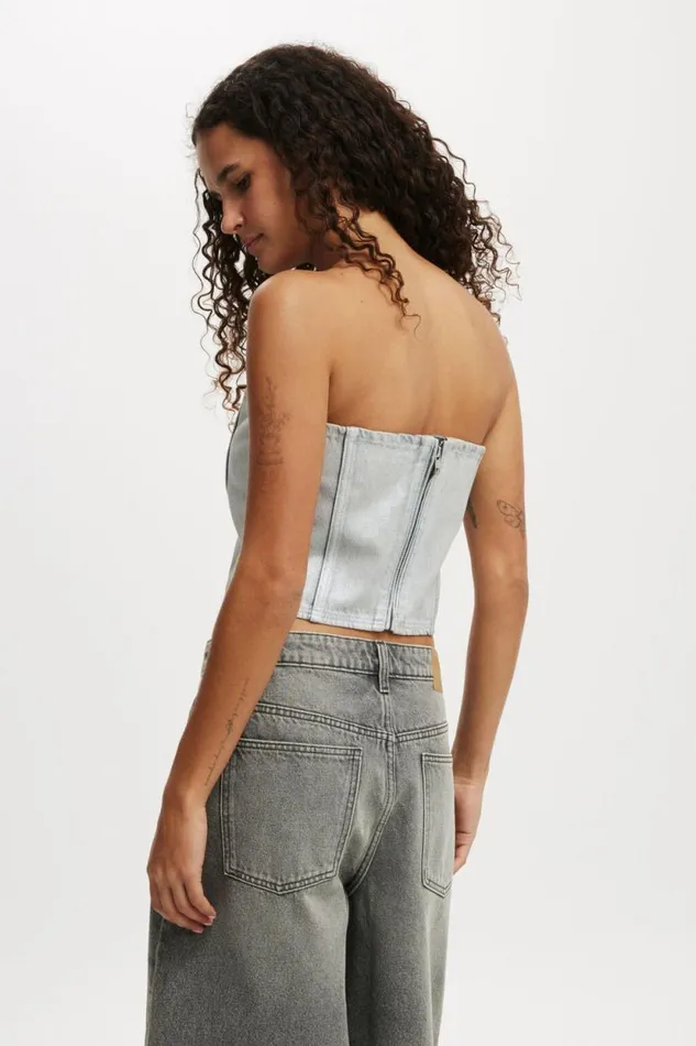 Denim Tube Top Metallic Ash Grey Women Cotton On Tops