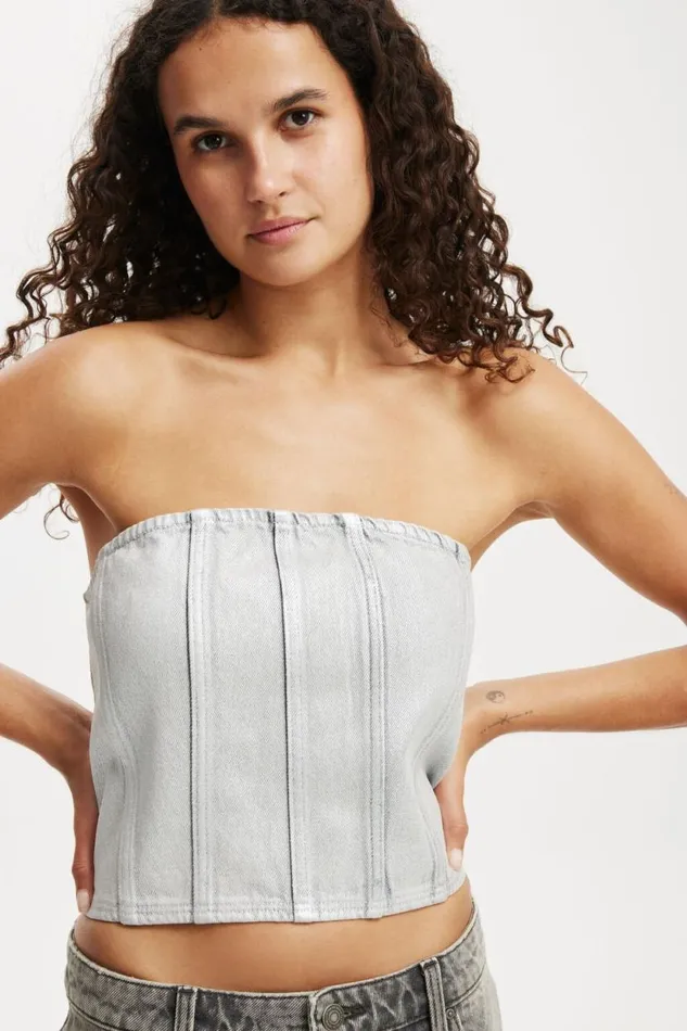 Denim Tube Top Metallic Ash Grey Women Cotton On Tops