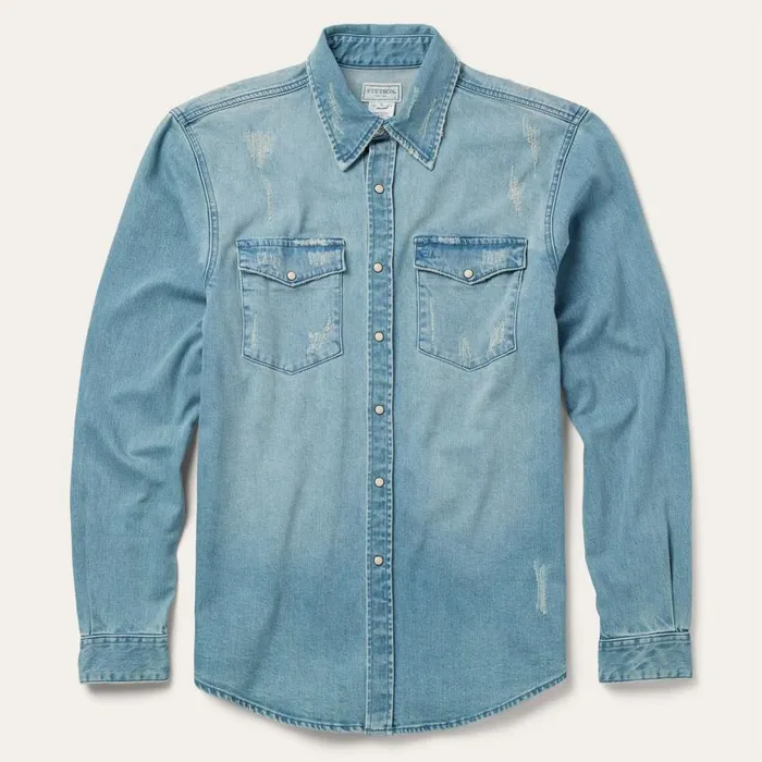 Distressed Denim Western Shirt Blue Men Stetson Modern Cut