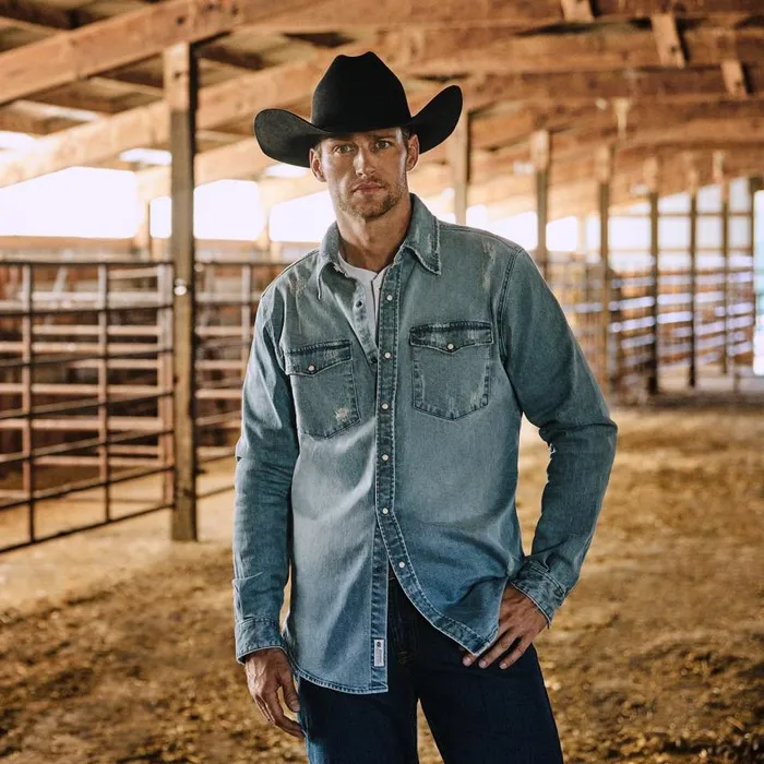 Distressed Denim Western Shirt Blue Men Stetson Modern Cut